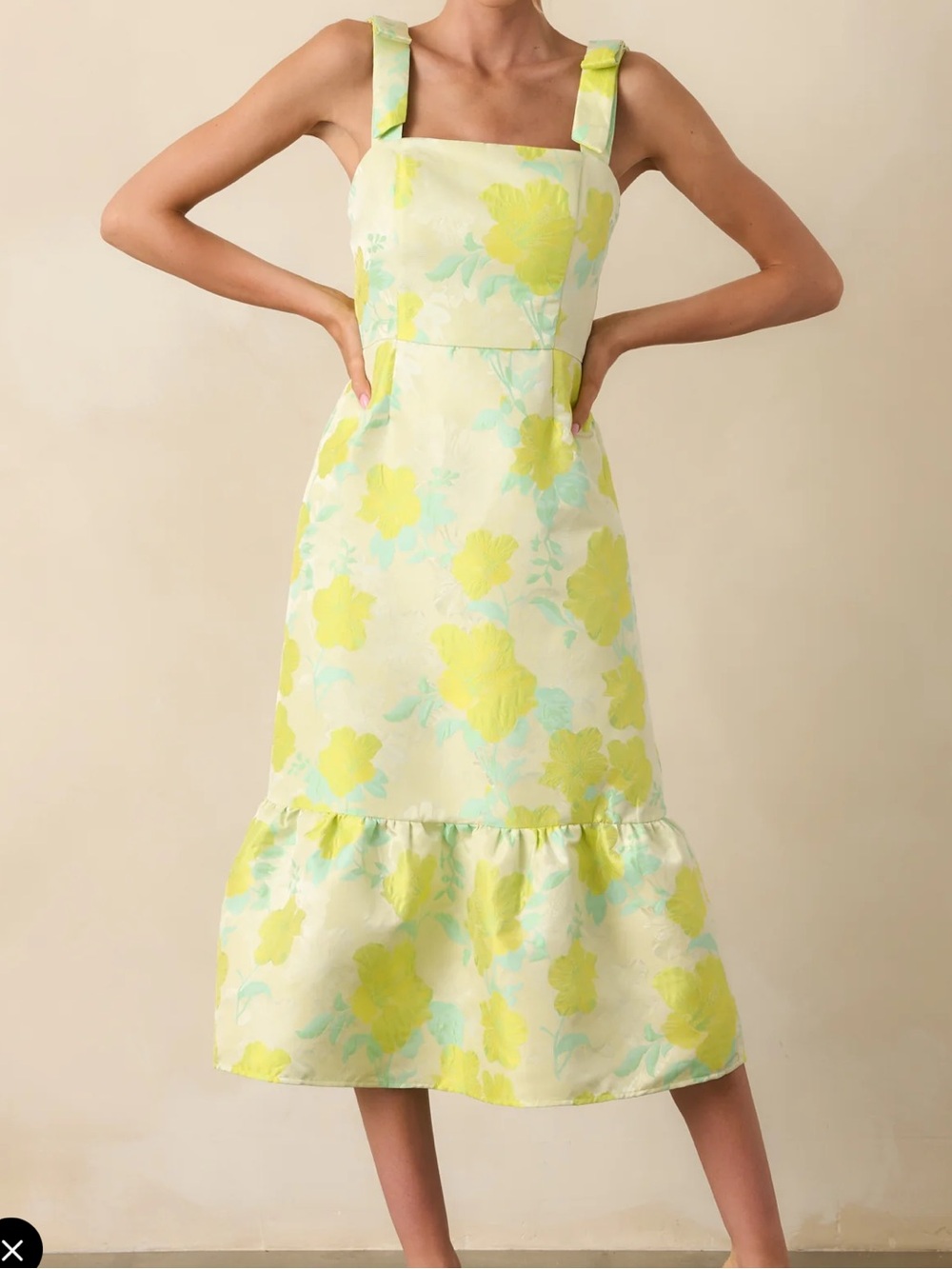 B.Right Yellow Green Floral Print Jacquard Dress Floral Square-Neck Midi Dress